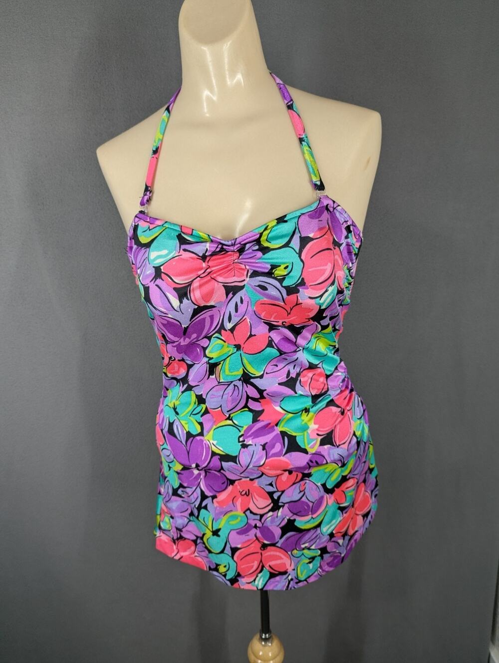Vintage Ocean View One Piece Swimsuit Floral Purple USA Womens 12